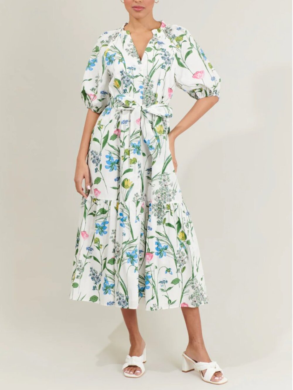 Sugarlips Clove Garden Floral Wynette Tiered Midi Dress - White/Pink/Green